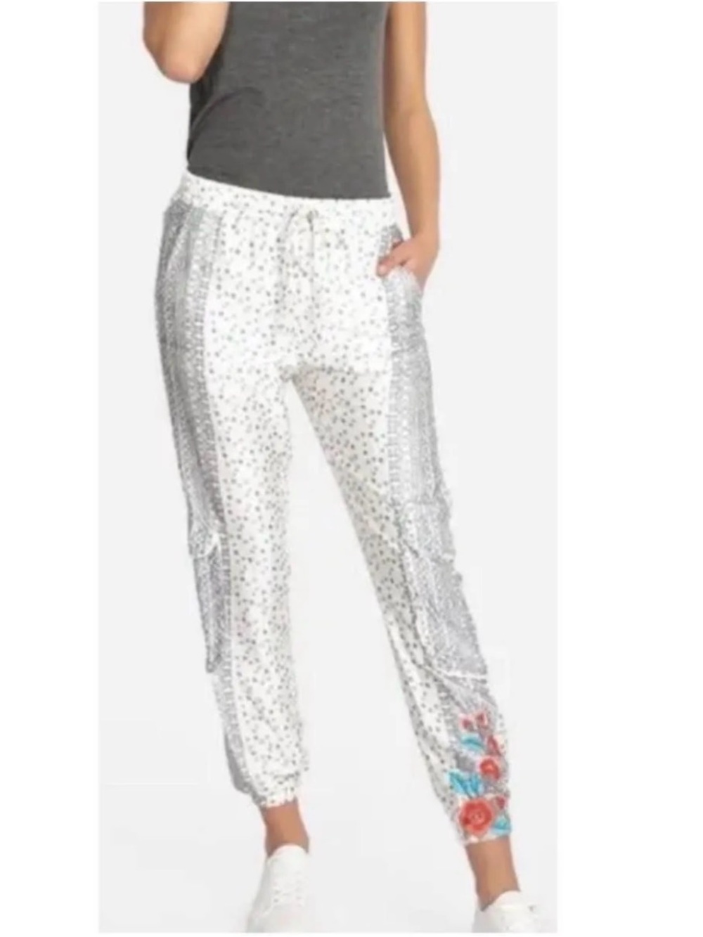 Johnny Was Mazey Satin Cargo Pants Floral Embroidered Drawstring Boho L